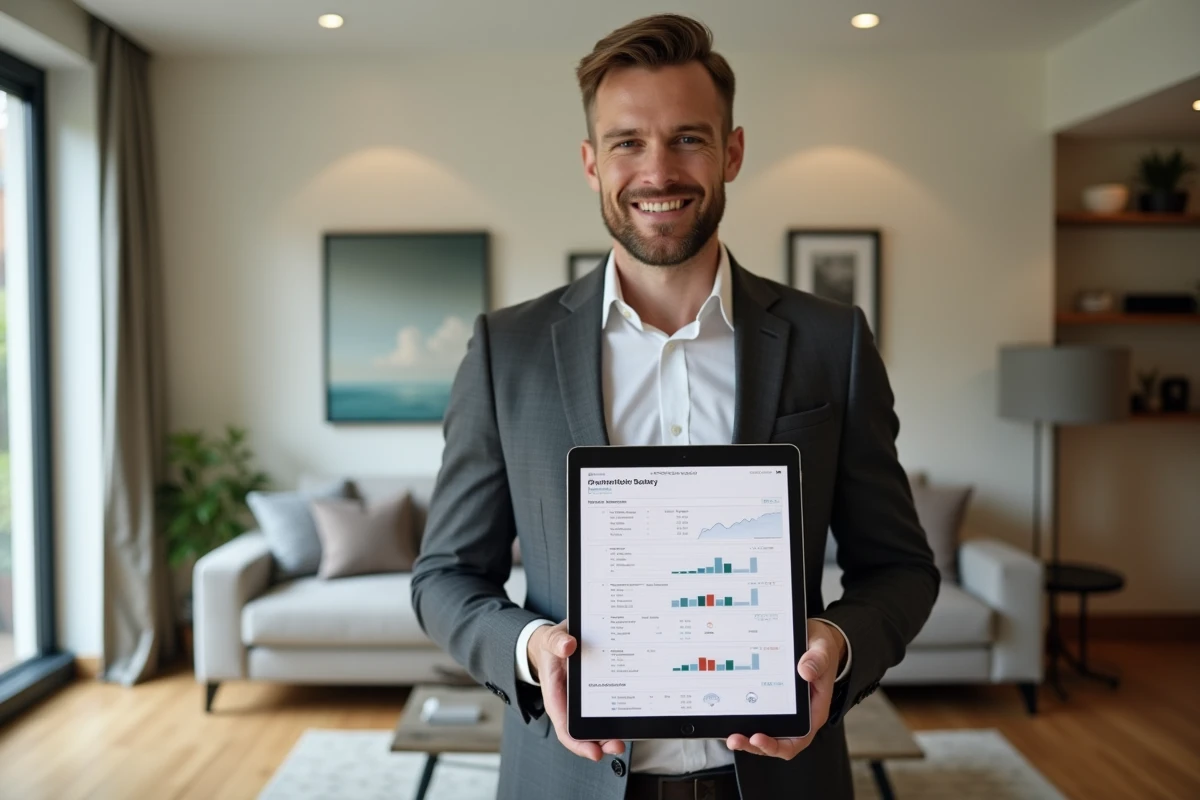 Agente inmobiliario presentando el historial de precios de casas vendidas en una tablet en un salón moderno durante una estimación transparente