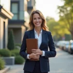 Agente immobilière professionnelle tenant un portfolio devant un immeuble résidentiel moderne dans un quartier suburban ensoleillé