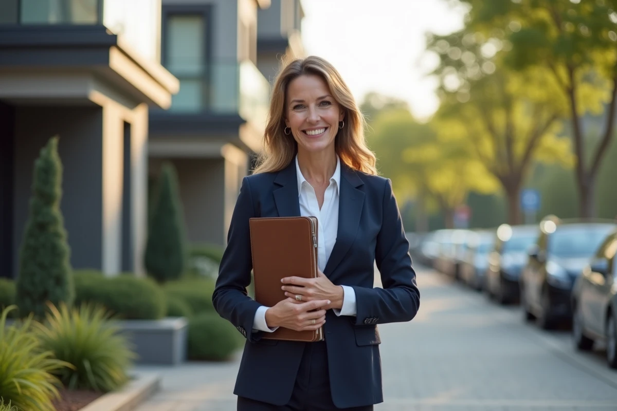 Agente immobilière professionnelle tenant un portfolio devant un immeuble résidentiel moderne dans un quartier suburban ensoleillé