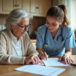 Une aide-soignante accompagne une personne âgée dans la compréhension des dispositifs d'aide à domicile