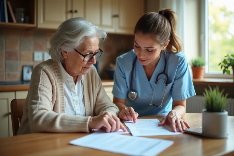 Une aide-soignante accompagne une personne âgée dans la compréhension des dispositifs d'aide à domicile