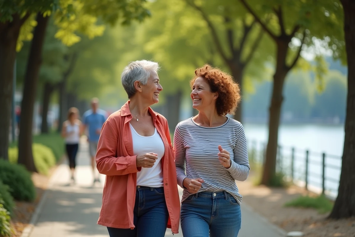 Deux amies de plus de 60 ans marchant et riant ensemble au bord d'une rivière, illustrant l'amitié et le bien-être à la retraite