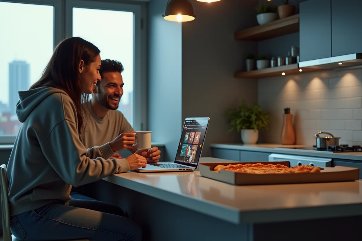Deux amis discutent devant un ordinateur dans une cuisine urbaine