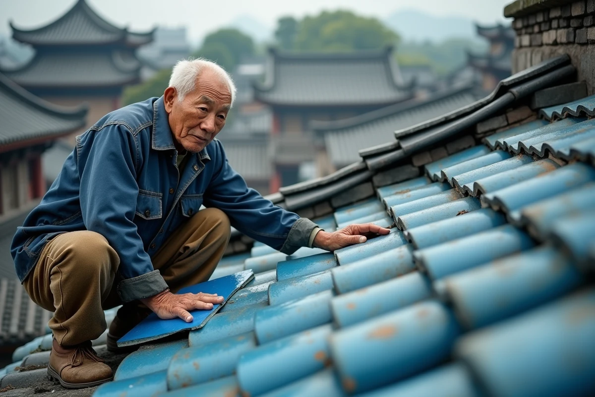 Artisan chino colocando tejas azules de cerámica en un techo de templo tradicional