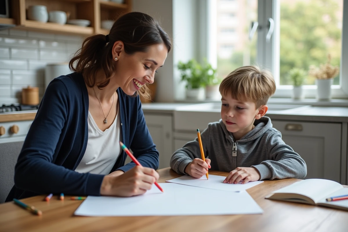Mère et enfant faisant un atelier de dessin créatif ensemble à la table de cuisine