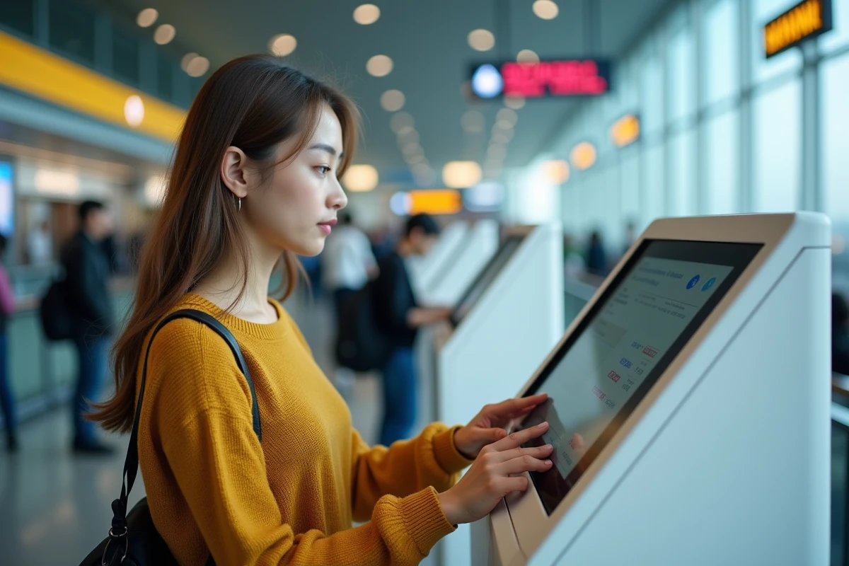 Jeune femme utilisant une borne libre-service pour gérer sa réservation Turkish Airlines à l'aéroport