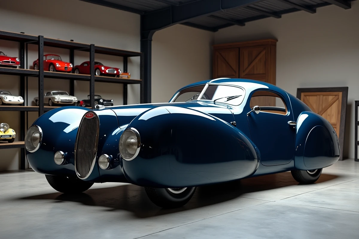 Bugatti Type 57 Atlantic bleu nuit exposée dans un garage collection privé minimaliste aux sols en béton poli, capturée en grand angle