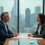 Séance de coaching individuel entre un dirigeant d'entreprise et une coach professionnelle dans une salle de réunion moderne avec vue sur la ville