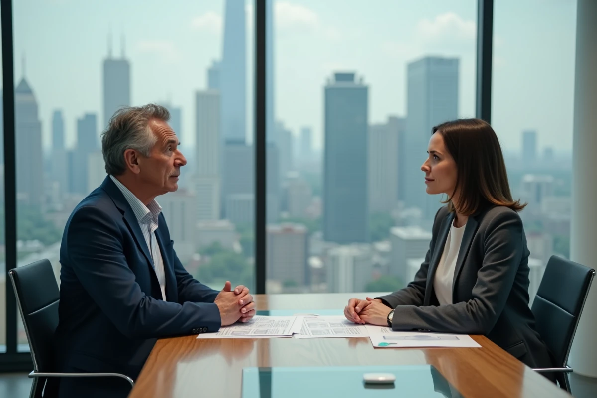 Séance de coaching individuel entre un dirigeant d'entreprise et une coach professionnelle dans une salle de réunion moderne avec vue sur la ville