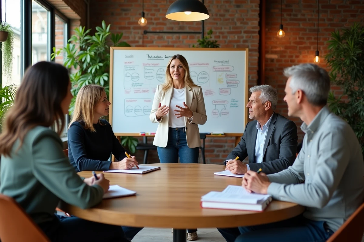 Atelier de coaching collectif pour dirigeants autour d'une table ronde dans un espace de co-working contemporain avec tableau blanc et prise de notes