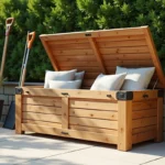 Coffre de jardin en bois teck ouvert sur une terrasse bien rangée avec outils et coussins d'extérieur