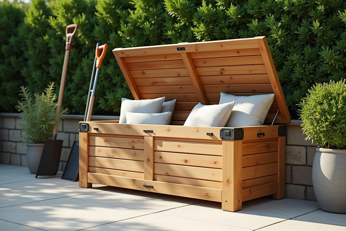 Coffre de jardin en bois teck ouvert sur une terrasse bien rangée avec outils et coussins d'extérieur