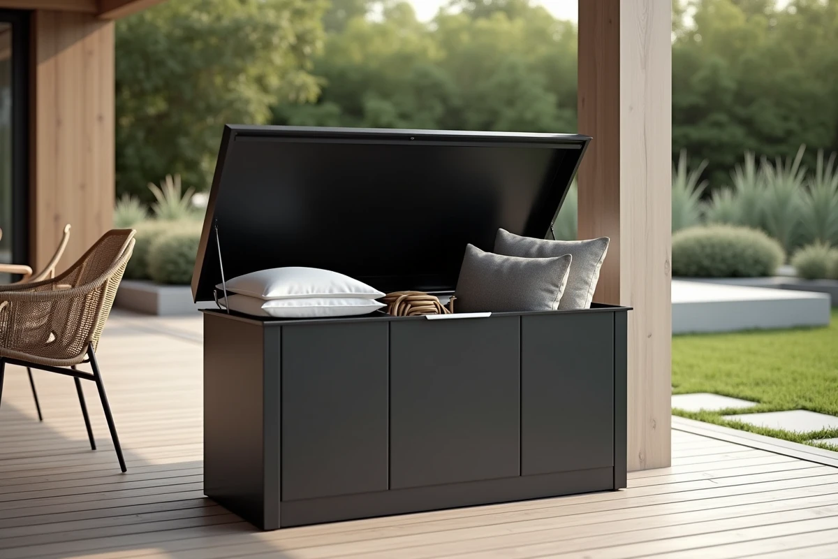 Coffre de jardin en métal noir ouvert sur une terrasse moderne avec coussins et accessoires bien organisés