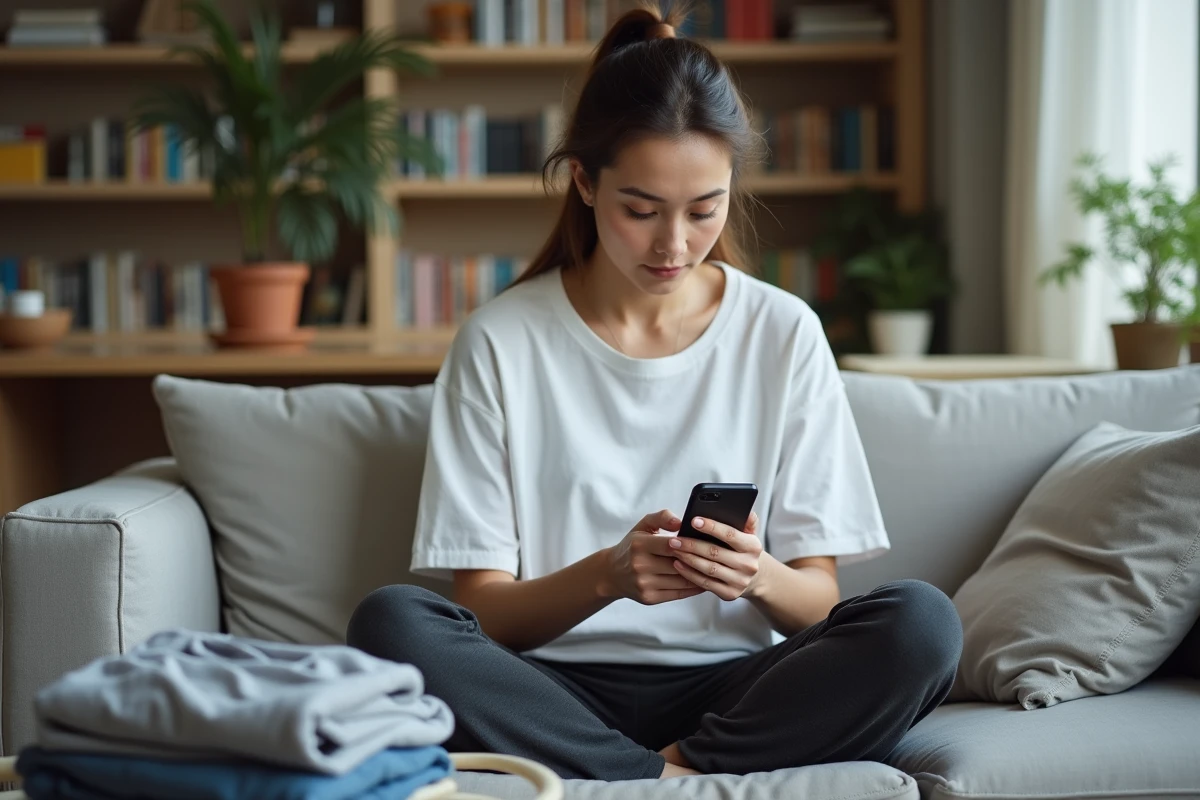 Jeune femme consultant les frais de port internationaux Vinted sur son smartphone depuis son salon