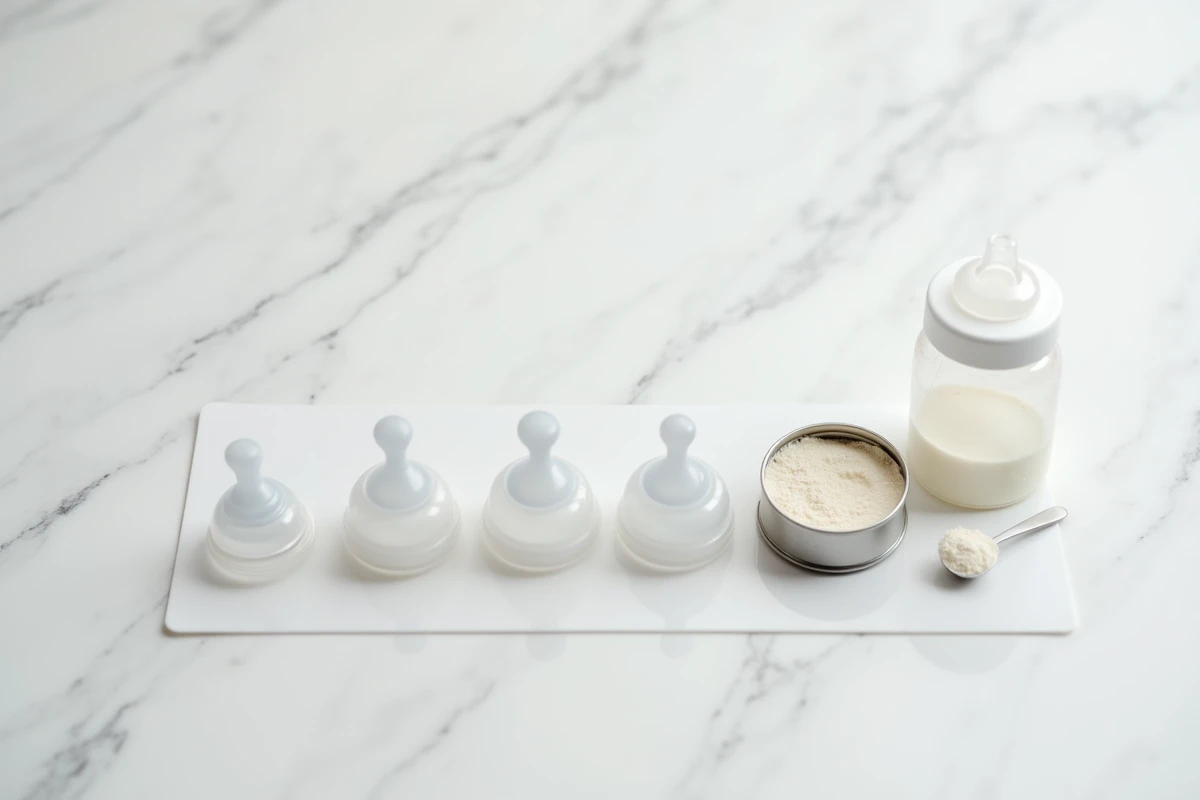 Comparaison de tétines pour biberon de différents débits posées sur un plan de travail en marbre blanc avec du lait en poudre pour bébé