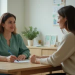 Consultation au planning familial de Pontivy : professionnelle de santé accompagnant une jeune femme dans un bureau chaleureux
