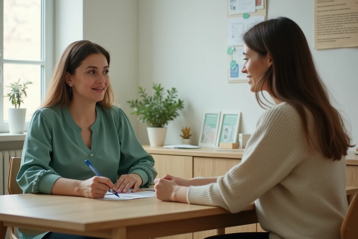Consultation au planning familial de Pontivy : professionnelle de santé accompagnant une jeune femme dans un bureau chaleureux