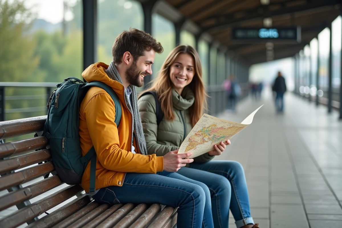Jeune couple regardant une carte du monde à la gare