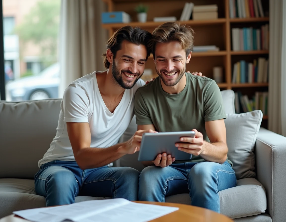 Couple planifiant un séjour Airbnb avec des chèques vacances posés sur la table basse du salon