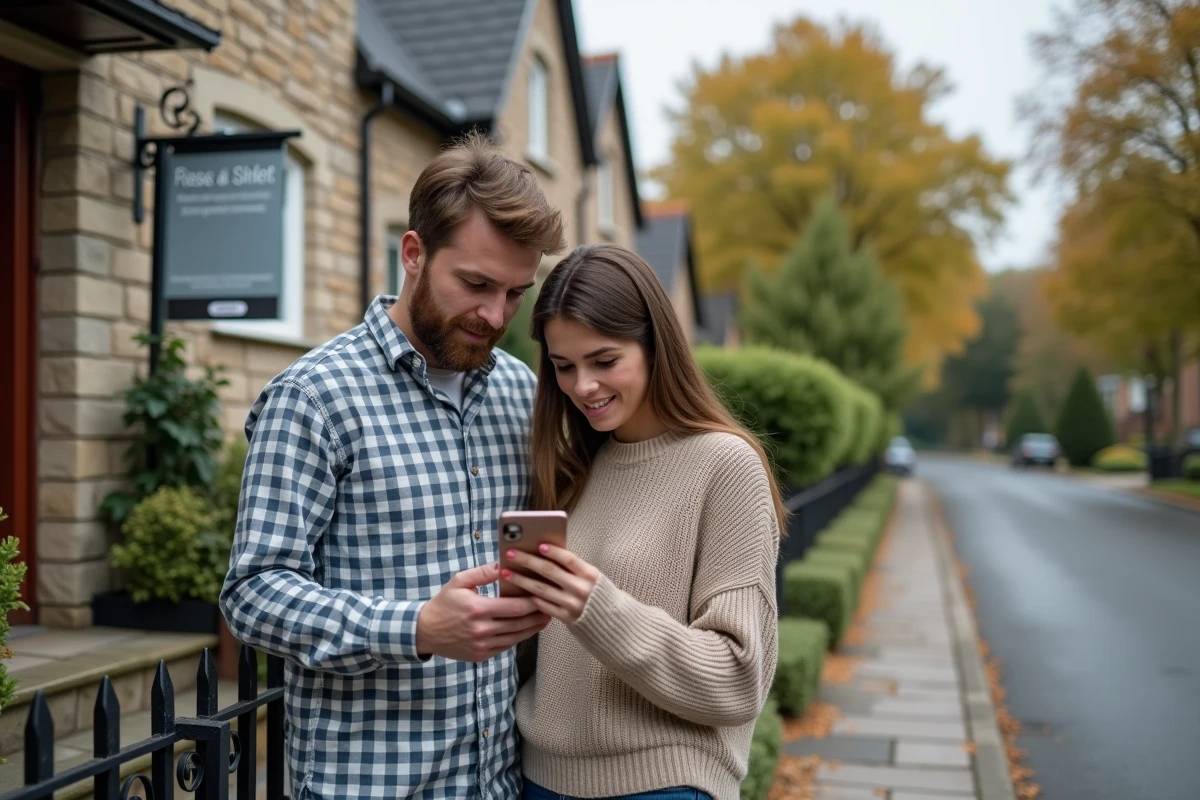 Pareja consultando el precio de venta de una casa en un smartphone frente a una propiedad con cartel de venta en una calle residencial
