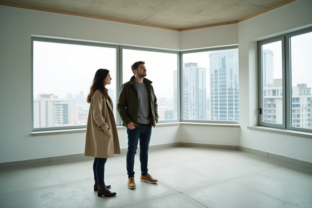 Jeune couple visitant un appartement neuf non meublé avec vue panoramique sur la ville lors d'une visite immobilière