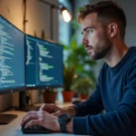 Homme développeur informatique concentré devant un double écran affichant des tendances technologiques 2024 dans un bureau moderne