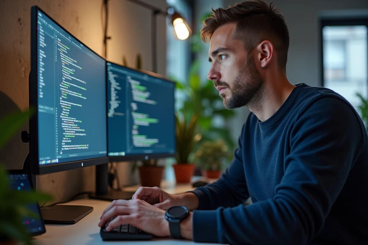 Homme développeur informatique concentré devant un double écran affichant des tendances technologiques 2024 dans un bureau moderne