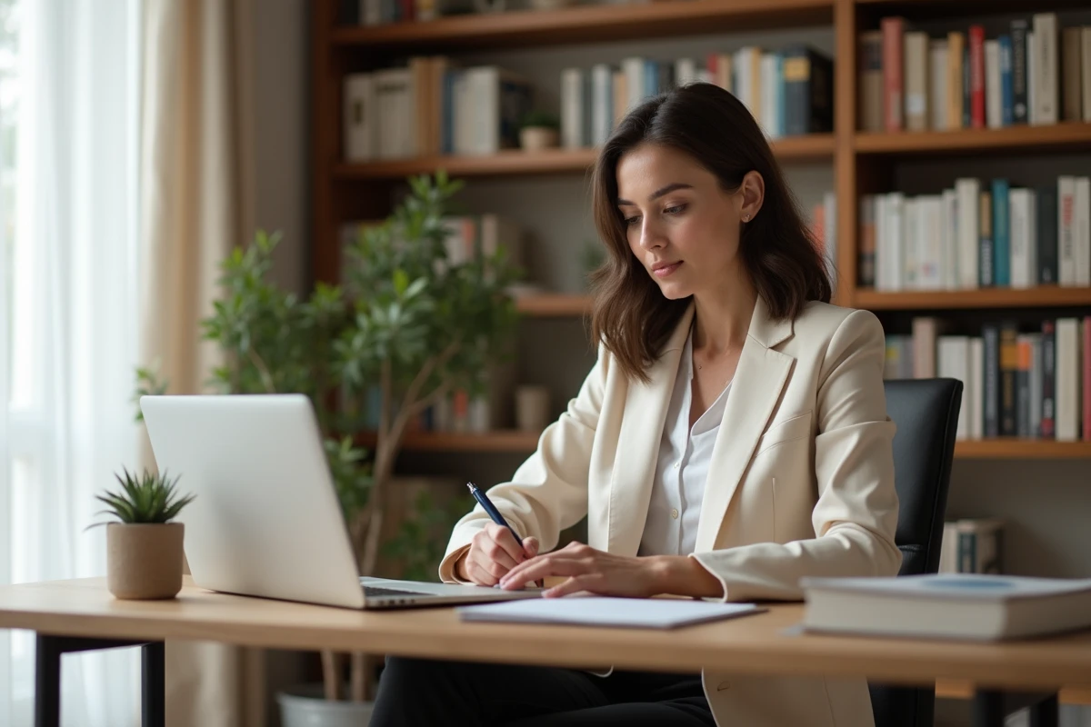 Dirigeante d'entreprise en pleine réflexion stratégique dans son bureau privé, consultant ses notes de coaching et un tableau de bord de performance sur ordinateur