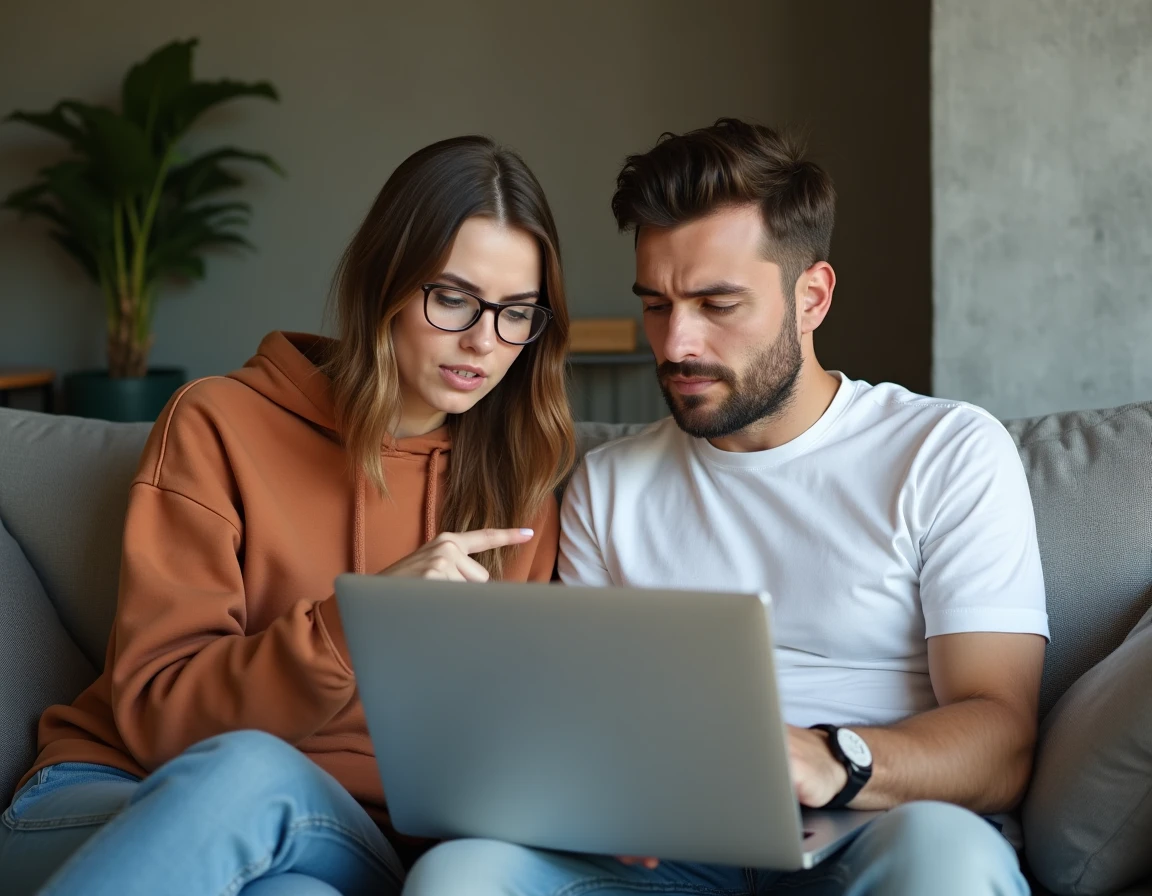 Deux jeunes adultes consultant ensemble un schéma HTML sur ordinateur portable dans un salon moderne, comprenant le fonctionnement du web