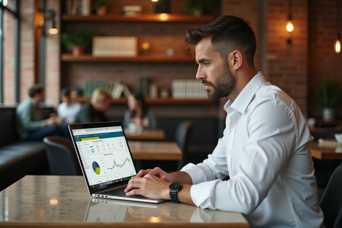Ondernemer geconcentreerd aan het werk op een financieel beheersoftware vanuit een modern stedelijk café met een warme sfeer