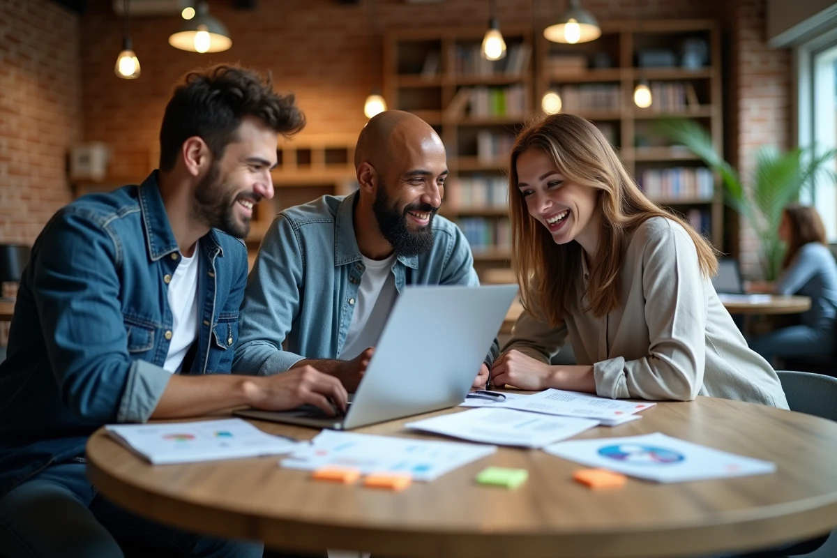 Groupe de professionnels collaborant autour d'un rapport sur les tendances informatiques et technologiques de 2024 dans un espace de coworking