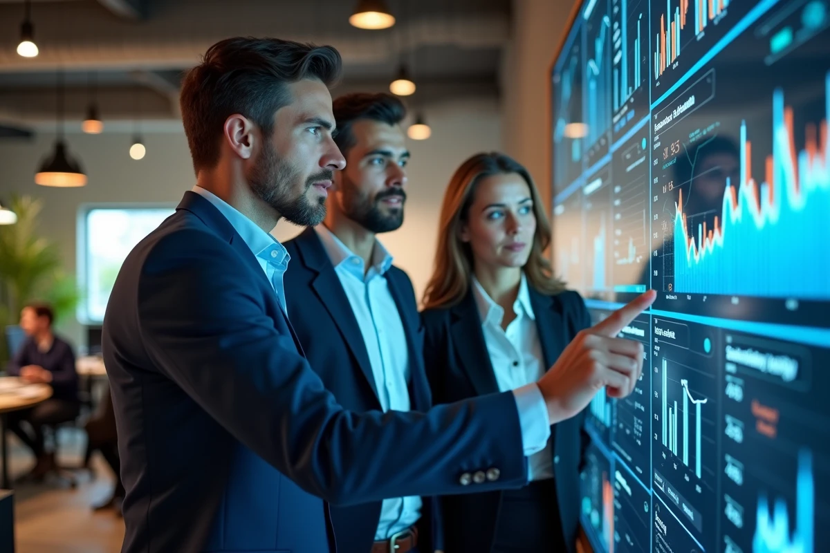 Team van professionals in discussie voor een touchscreen dat financiële dashboards weergeeft in een moderne samenwerkingsruimte