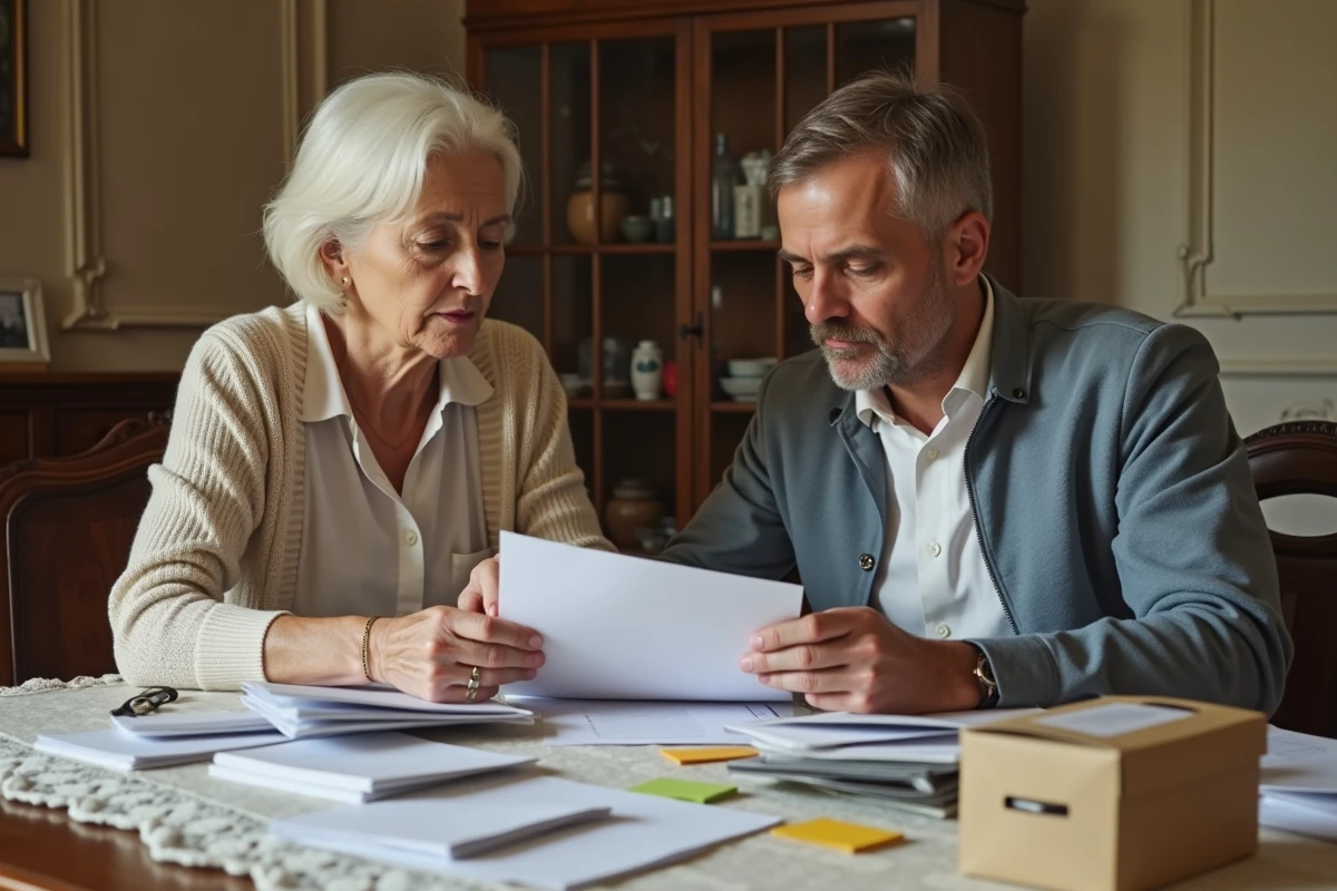 Mère et fils consultant ensemble le courrier d'un défunt autour d'une table de salle à manger