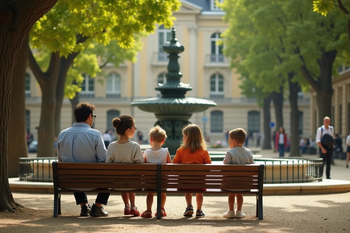 Famille se reposant dans un square arboré du quartier résidentiel de Versailles, architecture classique et cadre de vie agréable