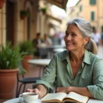 Femme de 60 ans souriante attablée en terrasse de café avec un carnet ouvert, savourant un moment de détente après la retraite
