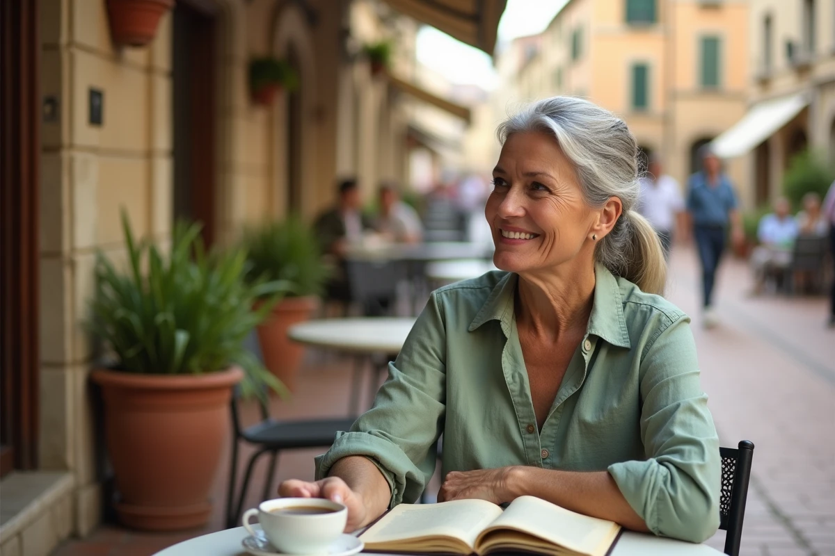 Femme de 60 ans souriante attablée en terrasse de café avec un carnet ouvert, savourant un moment de détente après la retraite