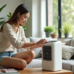 Femme ajustant un refroidisseur d'air dans un salon lumineux