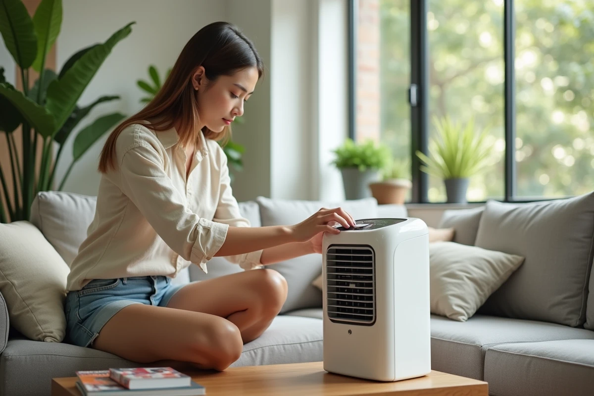 Femme ajustant un refroidisseur d'air dans un salon lumineux