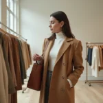 Femme élégante en manteau camel parcourant les collections d'une boutique de mode parisienne minimaliste