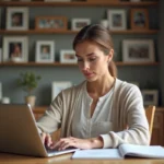 Femme concentrée travaillant à son bureau dans une maison française