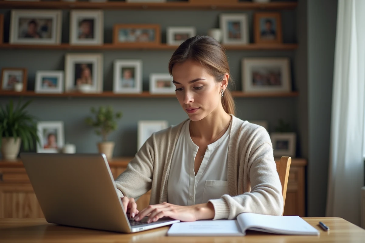 Femme concentrée travaillant à son bureau dans une maison française