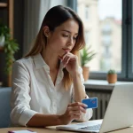 Femme au bureau avec carte d'identite francaise
