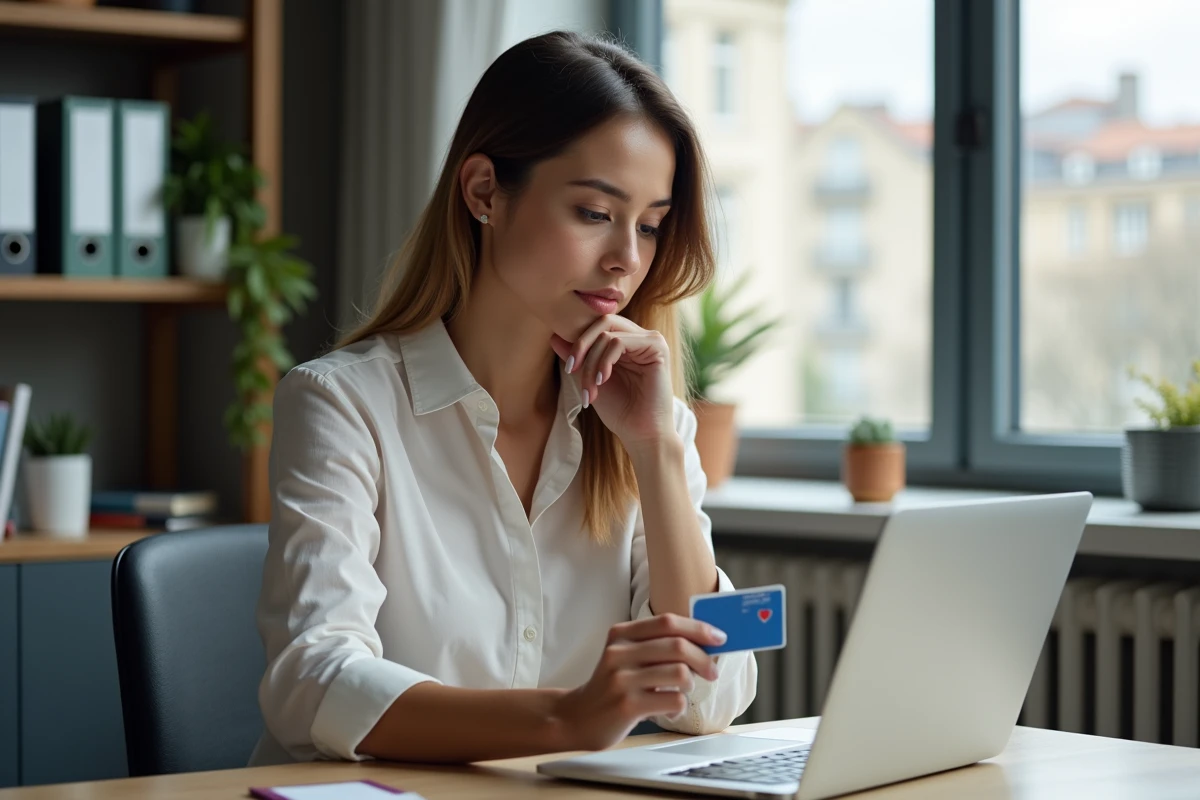 Femme au bureau avec carte d'identite francaise