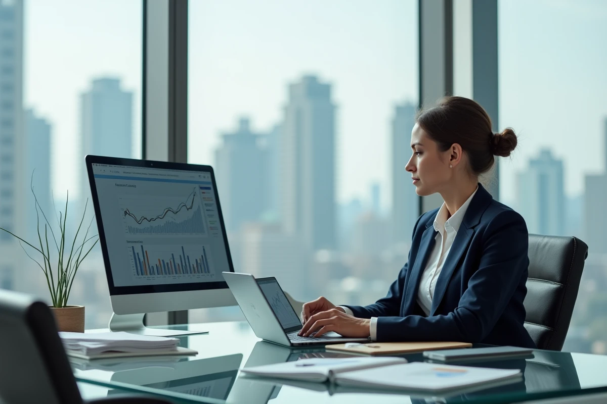 Femme cadre en blazer marine analysant des graphiques financiers sur ordinateur et tablette dans un bureau moderne avec vue urbaine