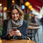 Femme élégante au café urbain avec smartphone