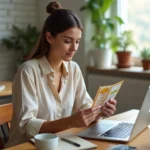 Femme consultant un site de réservation Airbnb avec des chèques vacances ANCV à la main sur un ordinateur portable
