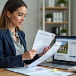 Femme consultant des documents de vente immobilière et un site d'estimation de prix de maison sur ordinateur portable dans un bureau à domicile