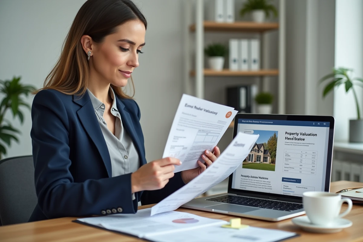 Femme consultant des documents de vente immobilière et un site d'estimation de prix de maison sur ordinateur portable dans un bureau à domicile