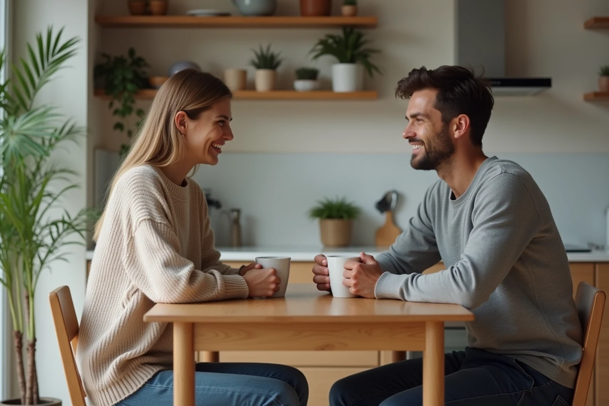 Femme française discutant en cuisine moderne
