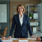 Femme en costume navy dirigeant une réunion en entreprise